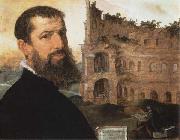 Maerten van heemskerck Self-Portrait of the Painter with the Colosseum in the Background oil painting reproduction
